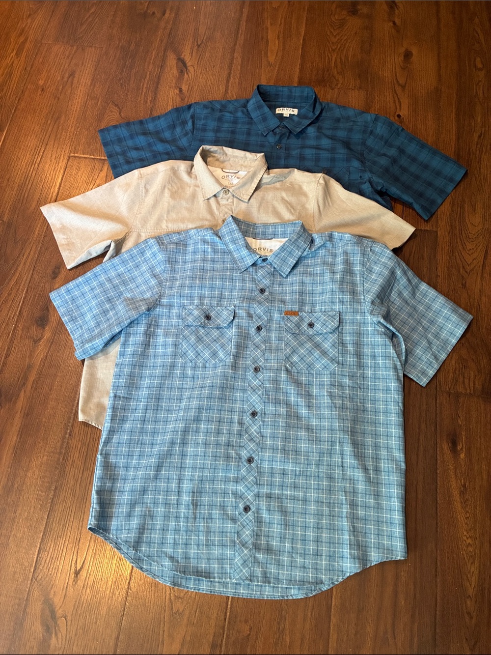 Orvis Trio of Short-Sleeve Button-Down Shirts in Blue, Light Blue, and Tan